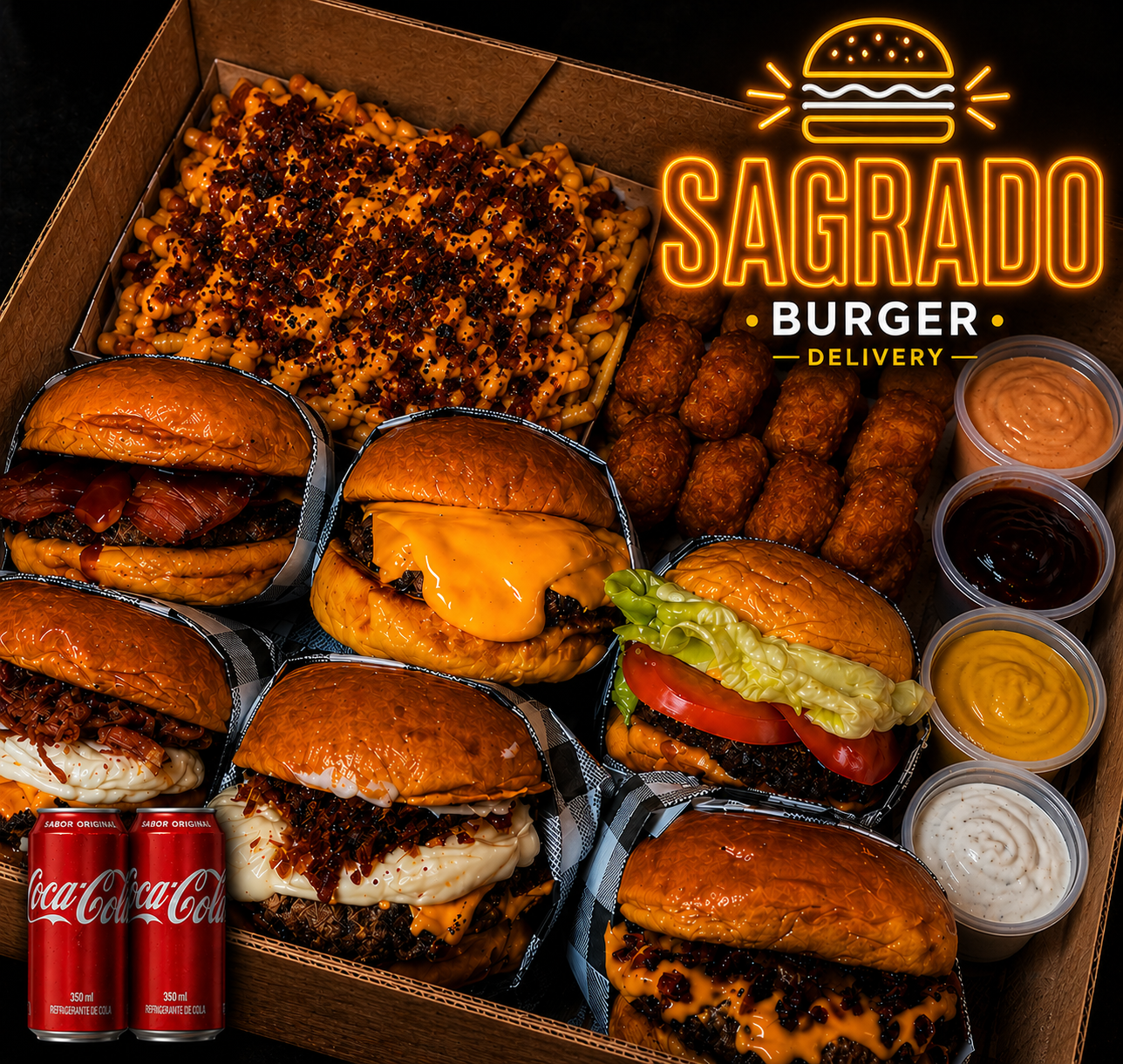 RODÍZIO EM CASA - 6x Hambúrgueres + 500g de Fritas + 500g Nuggets + 2X Coca-Cola 2L + 4 Molhos Especiais